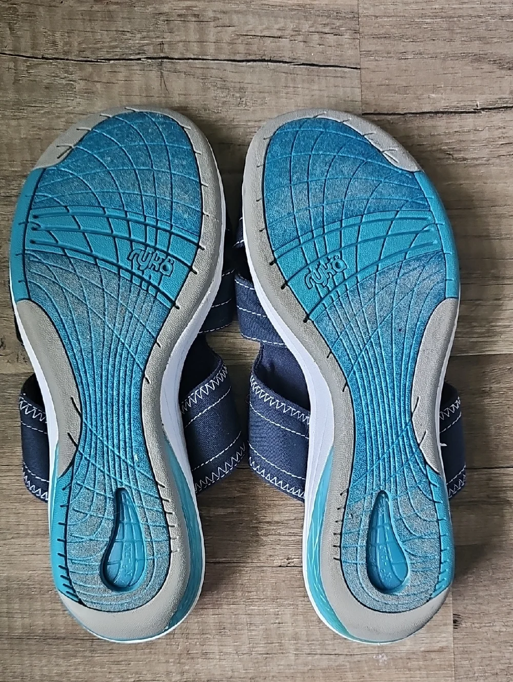 Ryka Navy and Teal Cross-Strap Slide Sandals Size 8